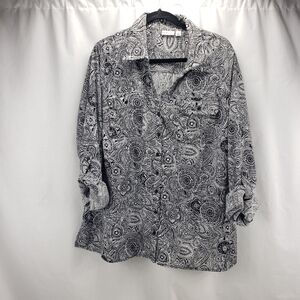 Kim Rogers Button Down Black White Paisley Print Top Blouse Size 2X